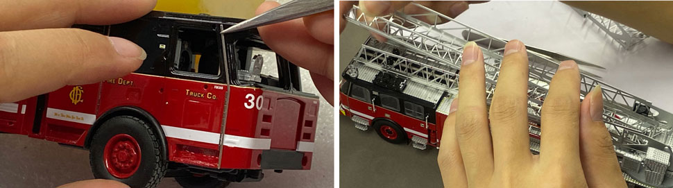 Assembly pictures 1-2 of Chicago's 2020 E-One 100' Rear Mount Ladder scale model