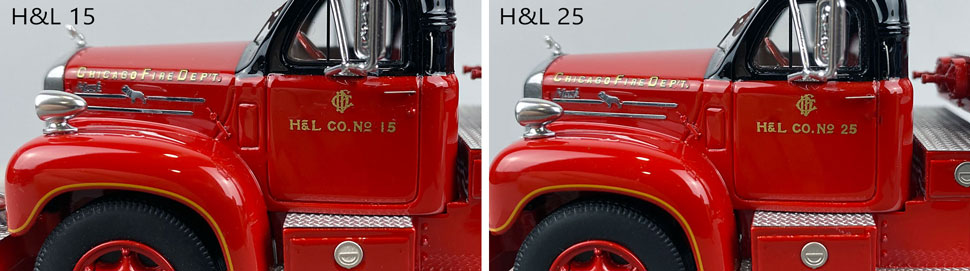 Door decal differences between Chicago Fire Department Hook & Ladder 15 and 25