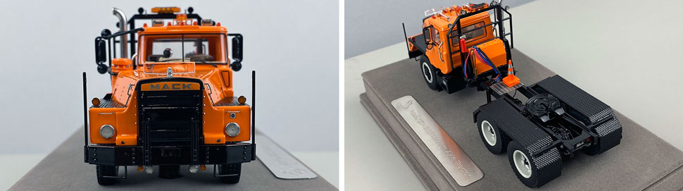 Closeup pictures 1-2 of the Mack DM 800 Tandem Axle Tractor scale model in orange over black.