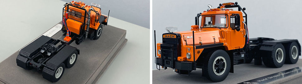 Closeup pictures 3-4 of the Mack DM 800 Tandem Axle Tractor scale model in orange over black.