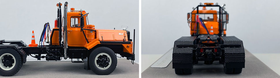 Closeup pictures 11-12 of the Mack DM 800 Tandem Axle Tractor scale model in orange over black.