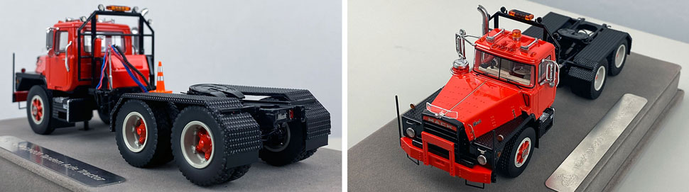 Closeup pictures 7-8 of the Mack DM 800 Tandem Axle Tractor scale model in red over black.