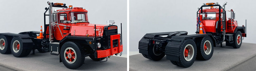 Closeup pictures 11-12 of the Mack DM 800 Tandem Axle Tractor scale model in red over black.