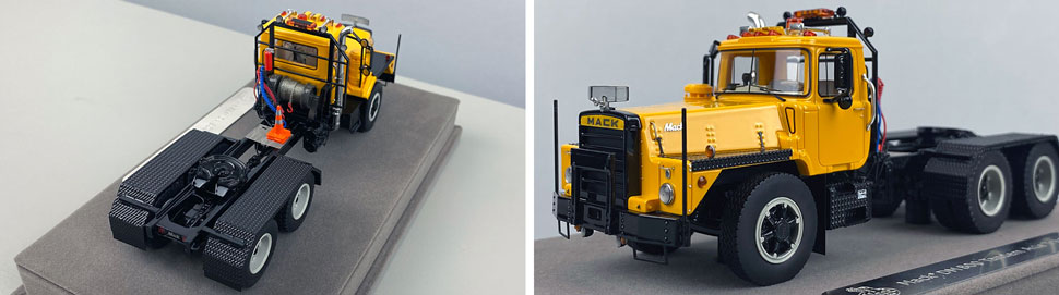 Closeup pictures 3-4 of the Mack DM 800 Tandem Axle Tractor scale model in yellow over black.