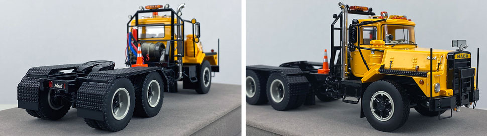 Closeup pictures 11-12 of the Mack DM 800 Tandem Axle Tractor scale model in yellow over black.