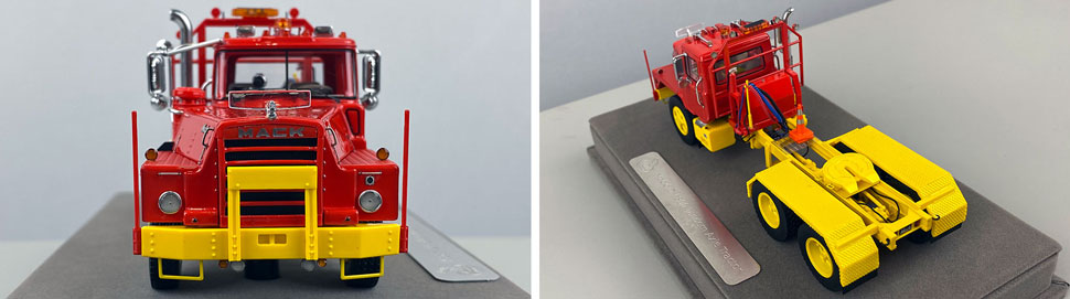 Closeup pictures 1-2 of the Mack DM 800 Tandem Axle Tractor scale model in red over yellow