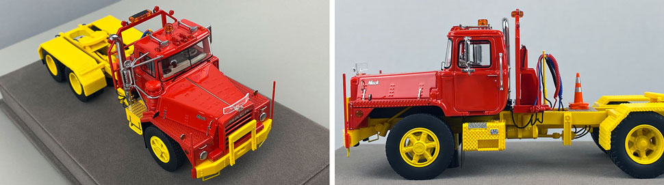 Closeup pictures 5-6 of the Mack DM 800 Tandem Axle Tractor scale model in red over yellow
