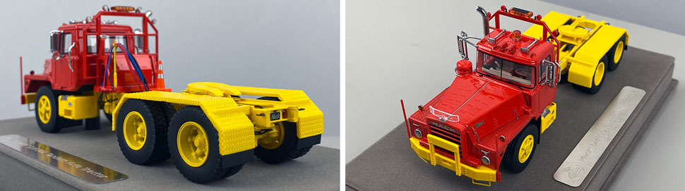 Closeup pictures 7-8 of the Mack DM 800 Tandem Axle Tractor scale model in red over yellow