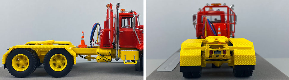 Closeup pictures 9-10 of the Mack DM 800 Tandem Axle Tractor scale model in red over yellow