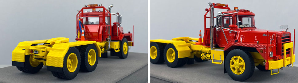 Closeup pictures 11-12 of the Mack DM 800 Tandem Axle Tractor scale model in red over yellow