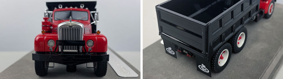 Closeup pictures 1-2 of the red over black with black dump body Mack B61 Dump Truck scale model