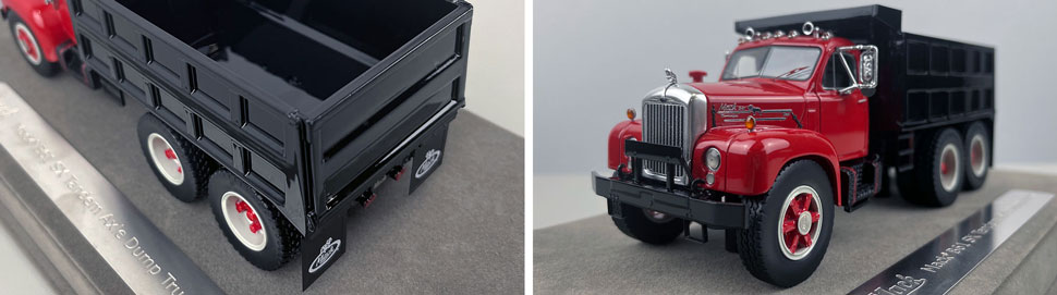 Closeup pictures 3-4 of the red over black with black dump body Mack B61 Dump Truck scale model