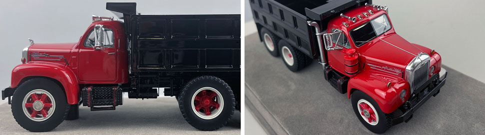 Closeup pictures 5-6 of the red over black with black dump body Mack B61 Dump Truck scale model