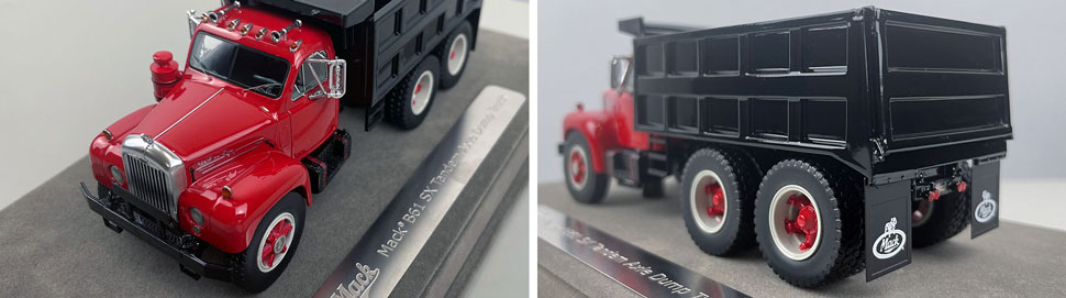 Closeup pictures 7-8 of the red over black with black dump body Mack B61 Dump Truck scale model