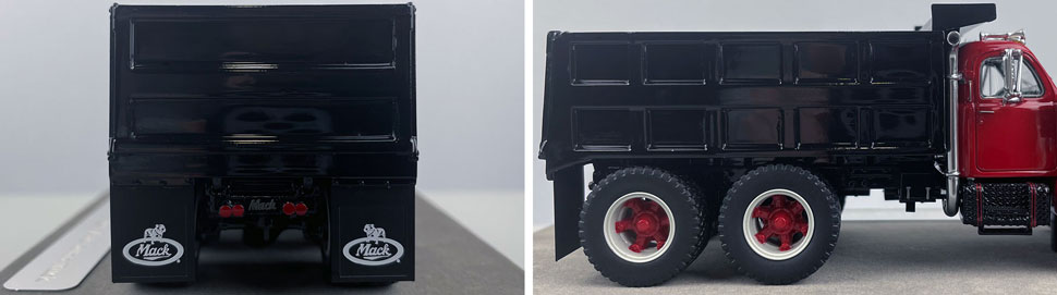 Closeup pictures 9-10 of the red over black with black dump body Mack B61 Dump Truck scale model