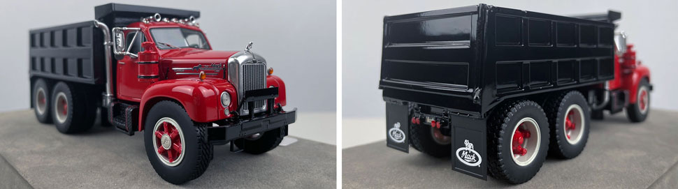 Closeup pictures 11-12 of the red over black with black dump body Mack B61 Dump Truck scale model