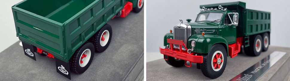 Closeup pictures 3-4 of the green over red Mack B61 Dump Truck scale model