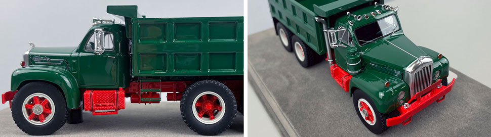Closeup pictures 5-6 of the green over red Mack B61 Dump Truck scale model