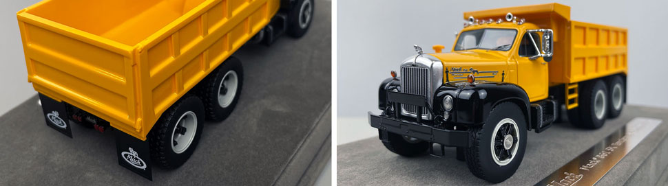 Closeup pictures 3-4 of the yellow over black Mack B61 Dump Truck scale model