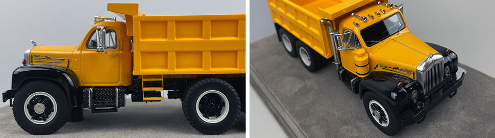 Closeup pictures 5-6 of the yellow over black Mack B61 Dump Truck scale model