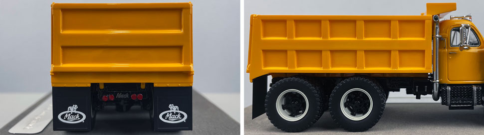 Closeup pictures 9-10 of the yellow over black Mack B61 Dump Truck scale model
