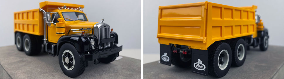 Closeup pictures 11-12 of the yellow over black Mack B61 Dump Truck scale model