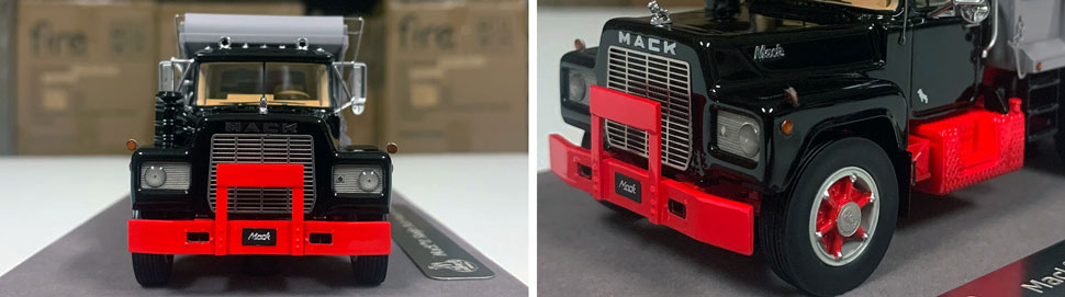 Closeup pictures 1-2 of the Mack R dump truck scale model in black over red with grey dump.
