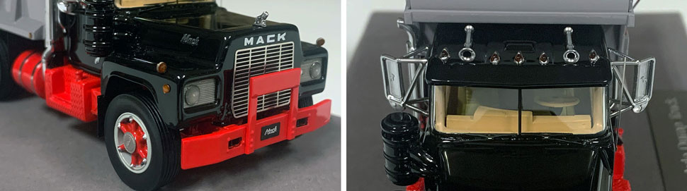 Closeup pictures 5-6 of the Mack R dump truck scale model in black over red with grey dump.