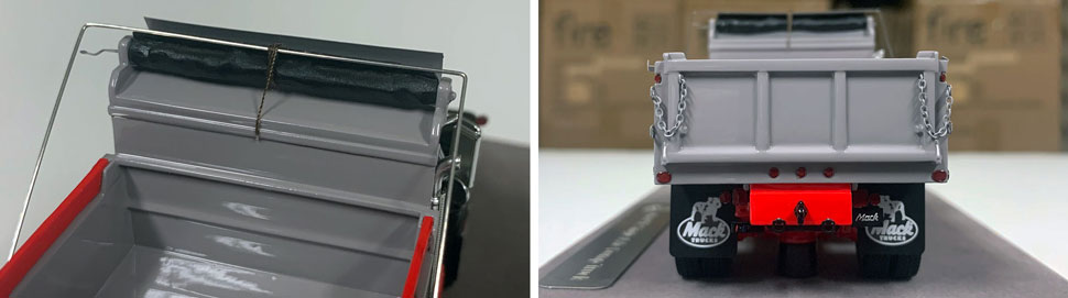 Closeup pictures 9-10 of the Mack R dump truck scale model in black over red with grey dump.