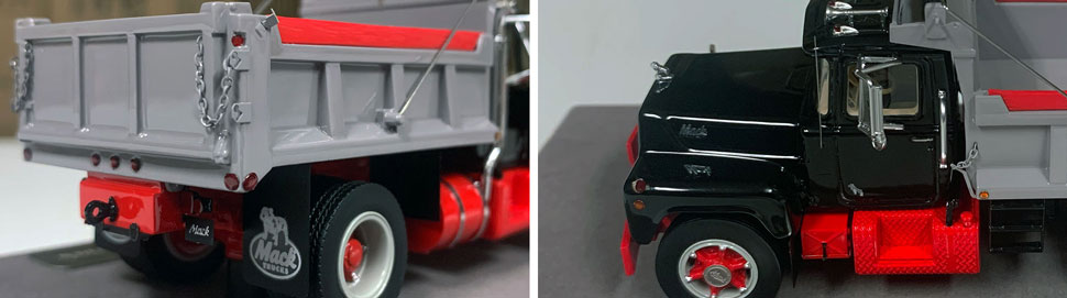 Closeup pictures 3-4 of the Mack R dump truck scale model in black over red with grey dump.