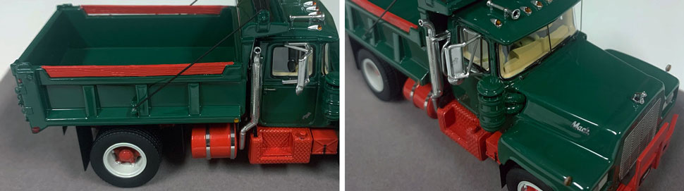 Closeup pictures 1-2 of the Mack R dump truck scale model in green over red.