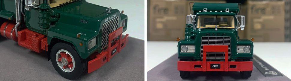 Closeup pictures 3-4 of the Mack R dump truck scale model in green over red.