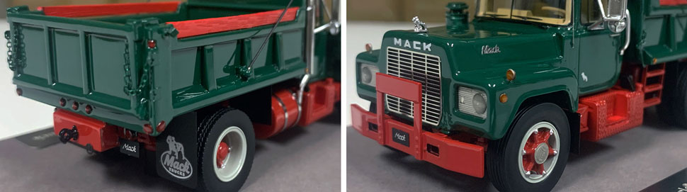 Closeup pictures 7-8 of the Mack R dump truck scale model in green over red.