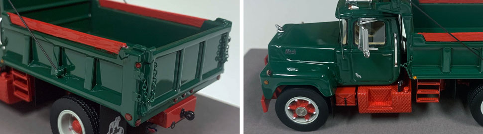 Closeup pictures 11-12 of the Mack R dump truck scale model in green over red.