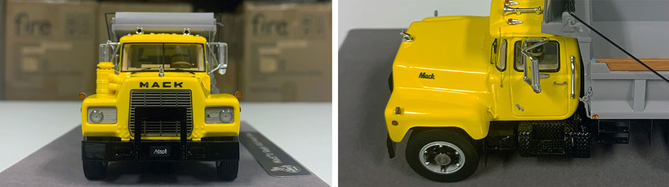 Closeup pictures 1-2 of the Mack R dump truck scale model in yellow over black with grey dump.