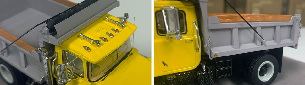 Closeup pictures 3-4 of the Mack R dump truck scale model in yellow over black with grey dump.
