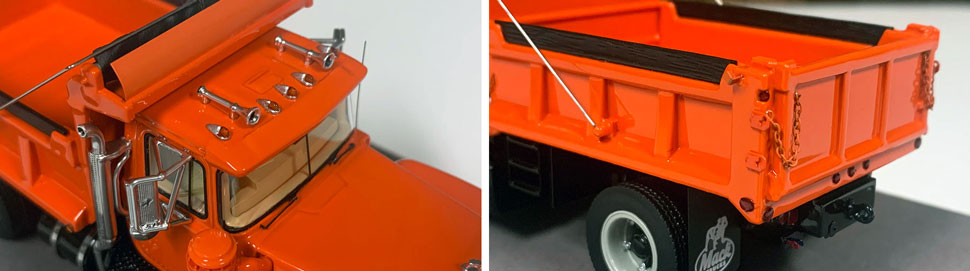 Closeup pictures 7-8 of the Mack R dump truck scale model in orange over black.