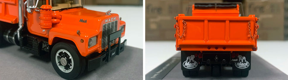 Closeup pictures 9-10 of the Mack R dump truck scale model in orange over black.
