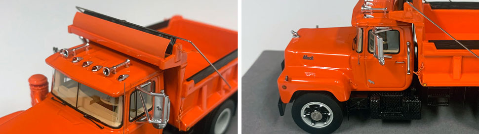 Closeup pictures 11-12 of the Mack R dump truck scale model in orange over black.