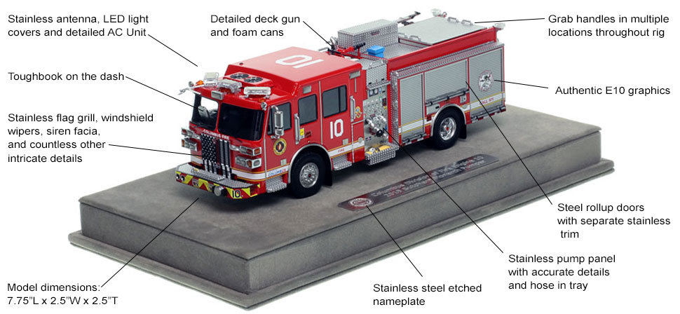 Features and specs of Columbus Fire Department Sutphen Engine 10 scale model