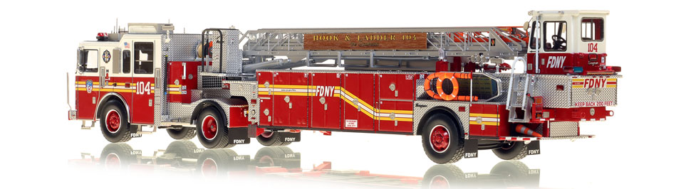FDNY's Ladder 104 scale model is hand-crafted and intricately detailed.