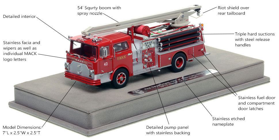 Specs and features of the FDNY Mack CF Squrt Engine 43 scale model