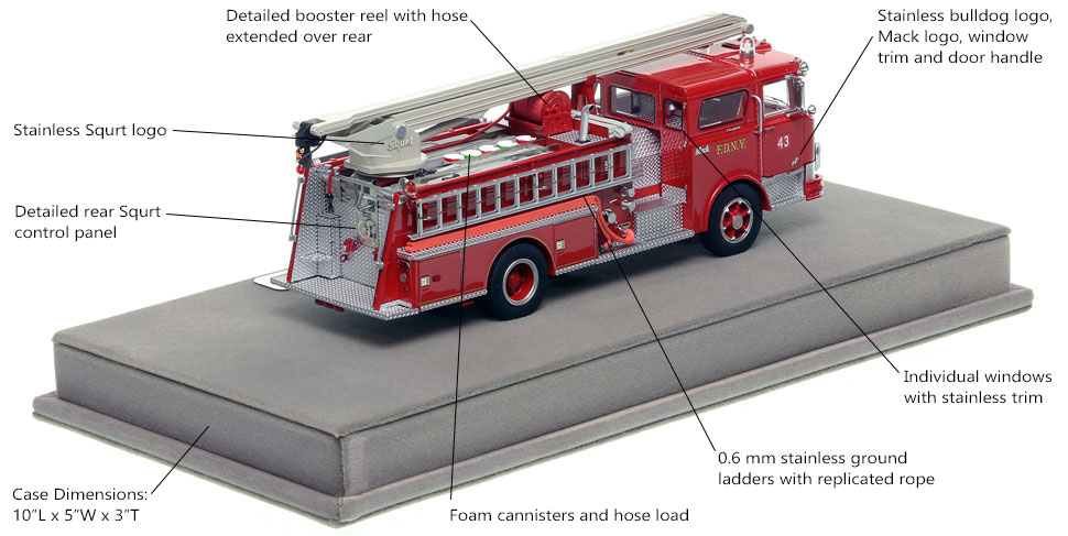 Features and specs of the FDNY Mack CF Squrt Engine 43 scale model