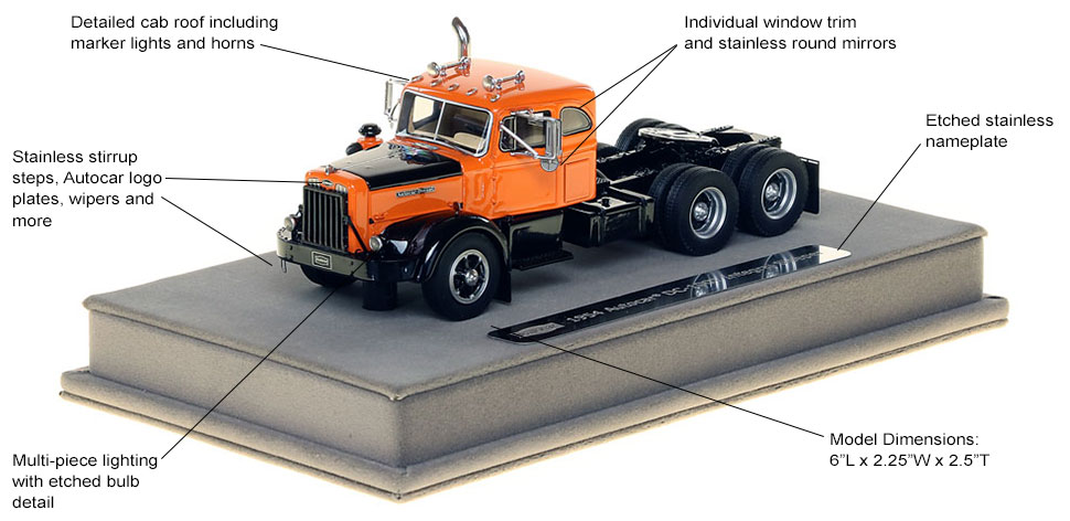 See the 1954 Autocar DC-100T Tandem Axle Integral Sleeper scale model