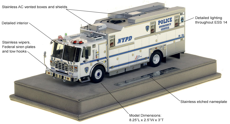 Features and specs of NYPD ESS Truck 14 Haz-Mat Command scale model