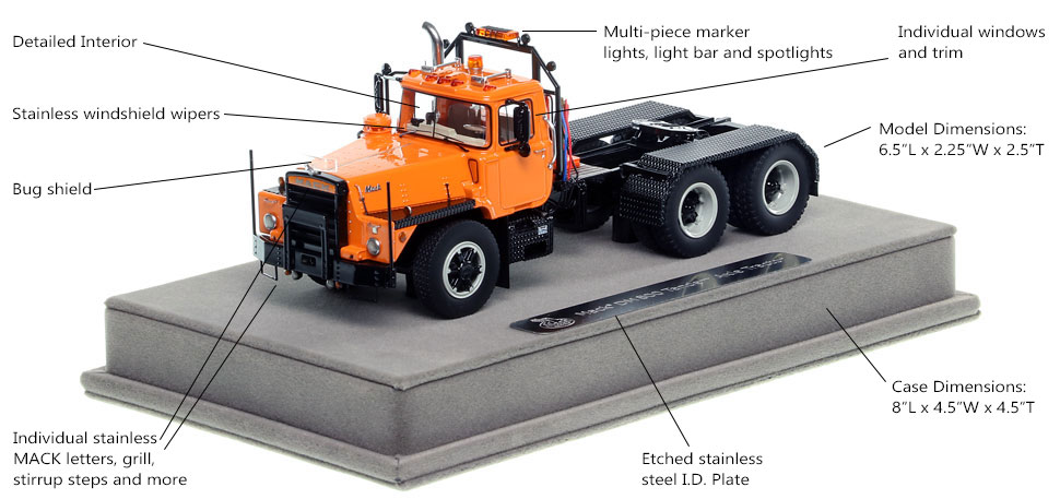 Features and Specs of the Mack DM 800 Tandem Axle Tractor scale model