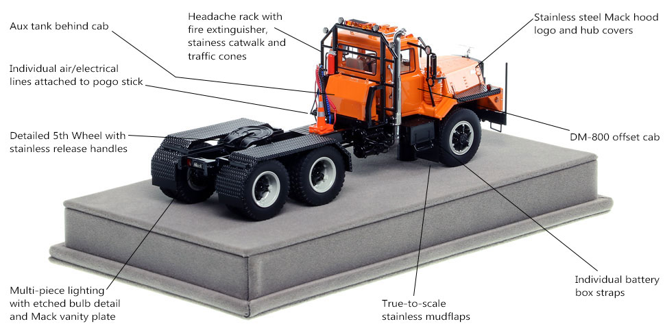 Specs and Features of the Mack DM 800 tandem axle tractor scale model