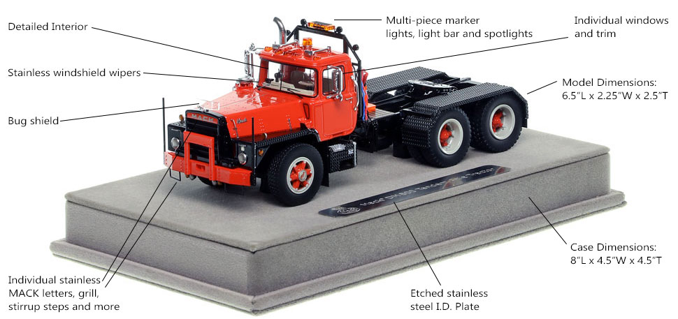 Features and specs of the Mack DM 800 tandem axle tractor scale model in red over black