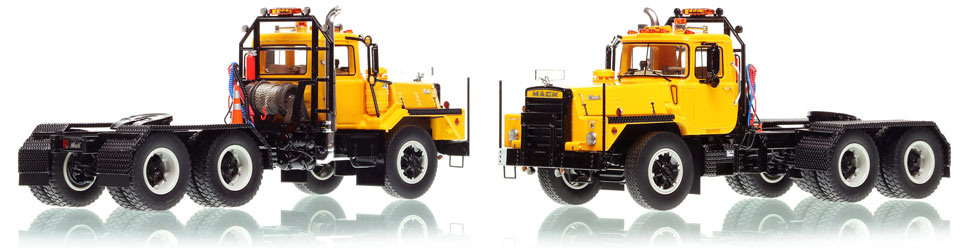 Mack DM 800 tandem axle tractor scale model in yellow over black is hand-crafted and intricately detailed.