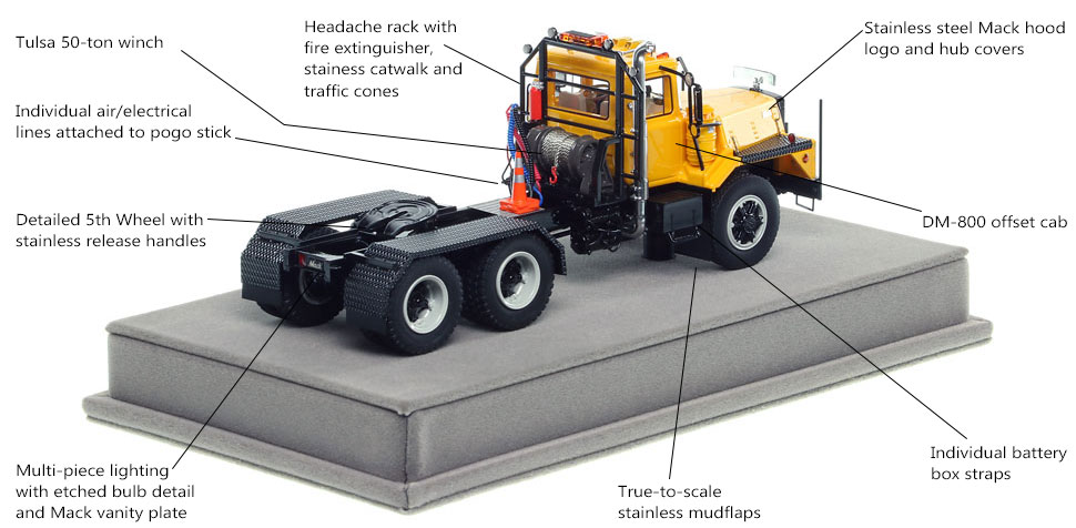 Specs and features of the Mack DM 800 tandem axle tractor scale model in yellow over black